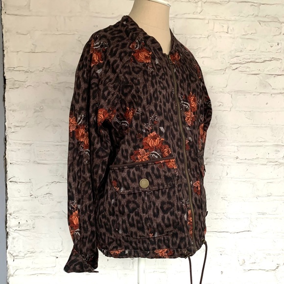 Bomber jacket brown leopard print floral pattern Large lightweight - Picture 6 of 8